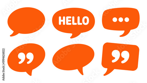A collection of six orange speech bubbles with varying shapes and content including text and ellipsis on a white background high quality professional detailed modern elegant