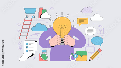 A purple colored human head holds a glowing lightbulb surrounded by icons representing ideas communication and productivity high quality professional detailed modern elegant stylish clean crisp