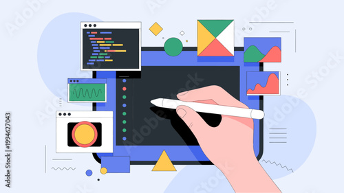 A hand utilizes a white stylus on a dark tablet surrounded by various colorful screens displaying code graphs and designs high quality professional detailed modern elegant