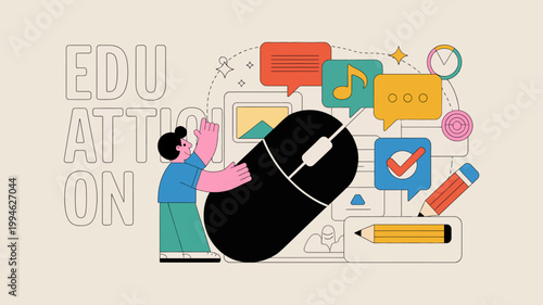 A young person interacts with a large computer mouse surrounded by educational icons like music notes pencils and a checkmark high quality professional detailed modern elegant