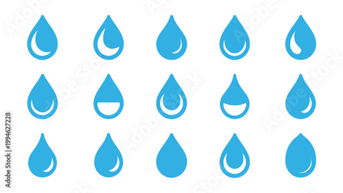A collection of stylized blue water droplets are arranged on a clean white background showcasing varying shapes and forms of liquid high quality professional detailed modern