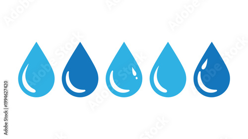Five stylized water droplets are arranged in a horizontal line against a stark white background showcasing varying shades of blue high quality professional detailed modern elegant