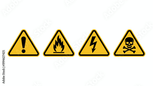 Four yellow triangular warning signs are displayed in a row depicting general danger flammability electricity and toxicity high quality professional detailed modern elegant stylish clean crisp