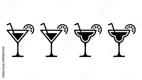A collection of four black silhouette martini glasses each garnished with a citrus slice and a cocktail straw high quality professional detailed modern elegant stylish clean