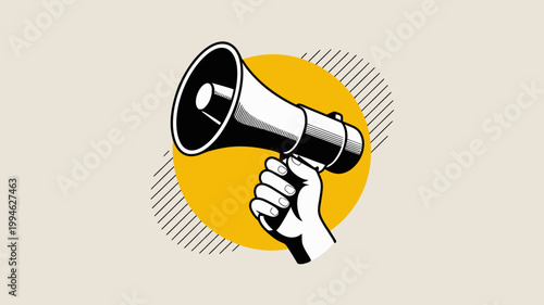 A vintage style illustration depicts a hand firmly gripping a black megaphone against a bold yellow circular background high quality professional detailed modern elegant stylish clean