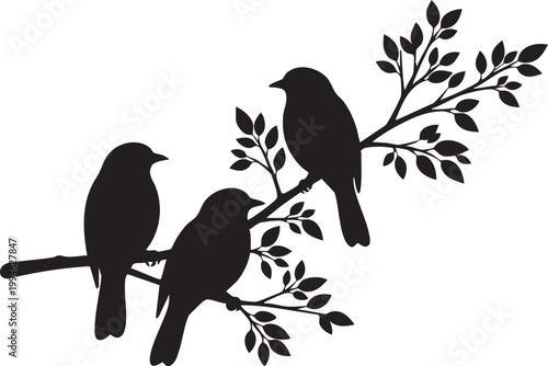 Three black bird silhouettes perched on a branch with green leaves black birds perched birds