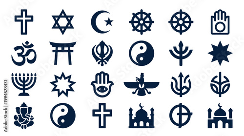 A collection of religious symbols from various cultures on a white background