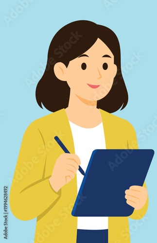 Creative Female Writer Character Holding Tablet and Stylus Pen Illustration