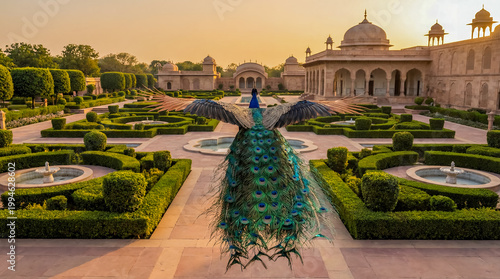 peacock flying palace garden sunset ornate courtyard fountain wings spread bird above trimmed hedges and architecture in warm light conveying luxury beauty and decorative grandeur for editorials