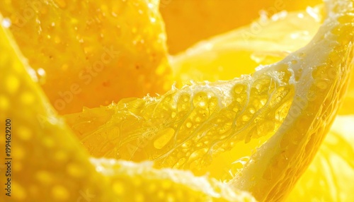 Glistening water droplets on a vibrant yellow lemon peel captured in a detailed macro photograph highlighting its refreshing natural texture