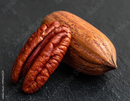 Beautiful vibrant nutritious pecan nut kernel and whole pecan in shell rest on a dark textured surface representing healthy eating options