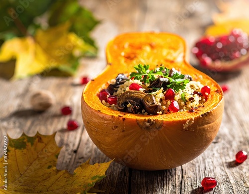 Delicious roasted butternut squash filled with a wholesome quinoa, mushroom, and vibrant pomegranate stuffing, garnished with fresh parsley on a rustic wooden table