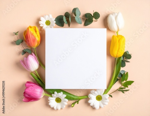 Colorful spring tulips and daisies beautifully frame a blank white square card, perfect for a personalized message or heartfelt greeting on a cheerful peach background