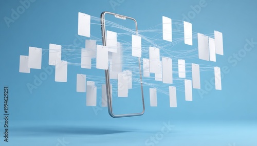 Smartphone with connected white cards on a blue background