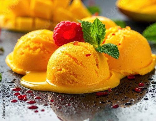 Bright yellow scoops of sweet mango ice cream dessert melting slowly on a dark table surface with fresh raspberry and green mint leaf
