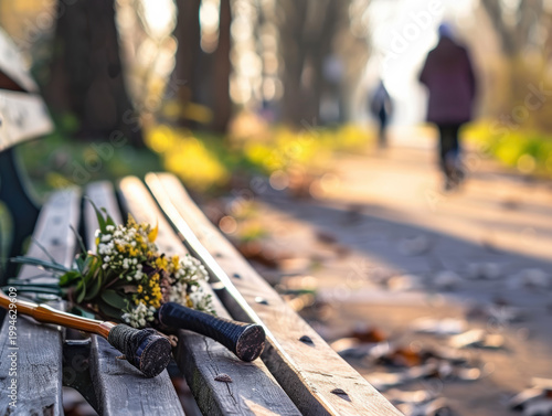Abandoned Walking Sticks with Flowers on Bench 