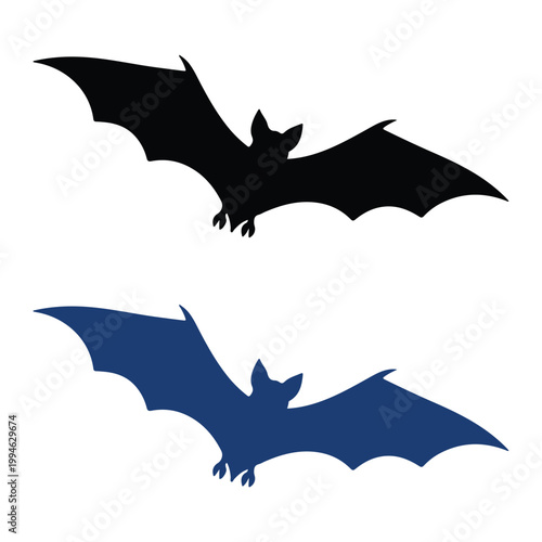  illustration featuring two stylized bat silhouettes, one in black and one in blue, each with outstretched wings and pointed ears. This design symbolizes nocturnal wildlife, mystery, and go