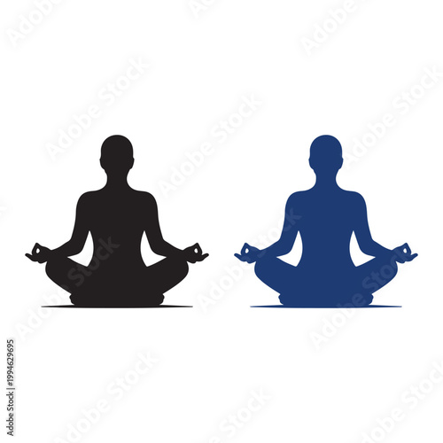  illustration featuring two figures in a cross‑legged meditation pose, shown as contrasting black and blue silhouettes with hands resting on knees in mudra gesture. This design symbolizes m