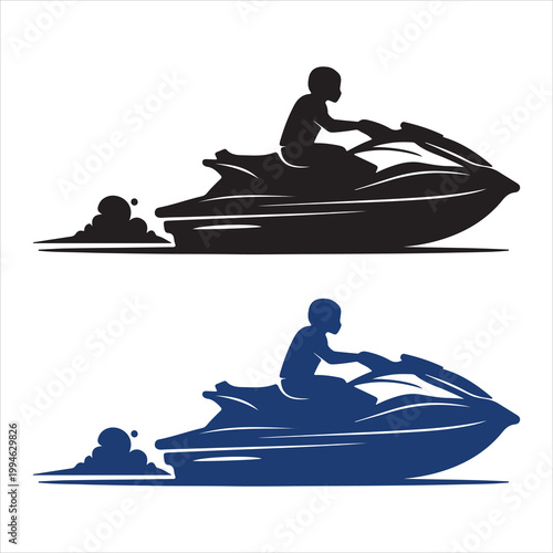  Vector illustration featuring two stylized silhouettes of jet ski riders, one in black and one in blue, each depicted with dynamic water spray effects. This aquatic sports design captures speed, 