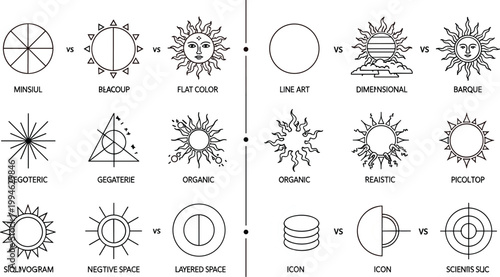 Sun Symbol Style Comparison Set with Line Art, Flat, Baroque, Organic, Geometric, Negative Space, and Layered Designs for Tattoo, Esoteric, and Decorative Art