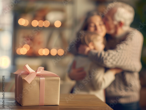 Gift Box with Loving Grandparents in Background,A beautifully wrapped gift box with a pink ribbon sits on a table, with affectionate elderly grandparents embracing in the blurred background
