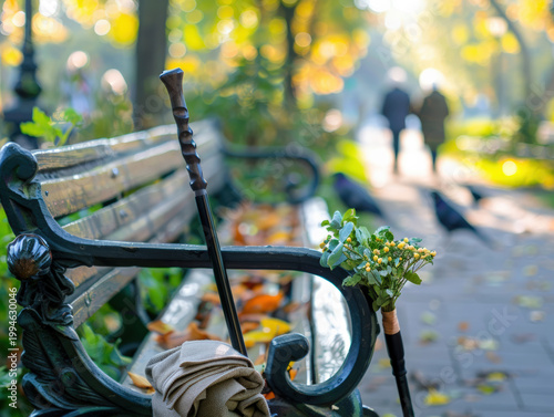 Foreground sharp focus on a folded walking cane and a small bouquet on a bench, shallow DOF, background shows blurred elderly parents chatting and feeding birds (side profiles only)