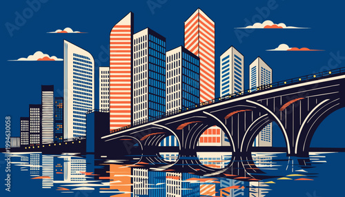 Modern Houston Texas City Skyline Vector with Bridge and Water