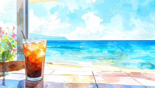 Plakat 夏のアイスコーヒーと海辺のテラス席の水彩風イラスト 青い空と海が見えるリゾートカフェの風景素材 コピースペースのある爽やかな夏の休日をイメージした背景画像