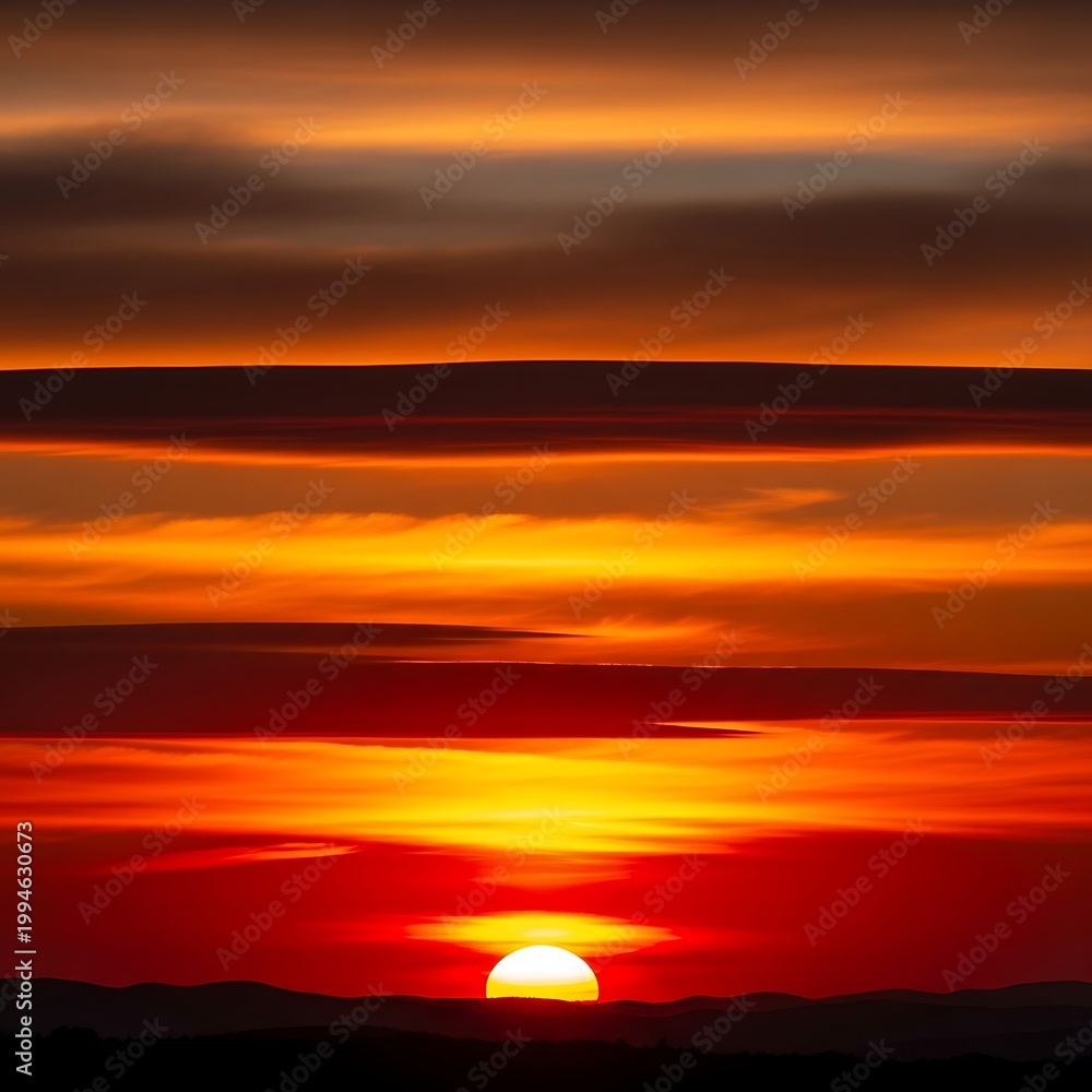 Obraz premium Vibrant orange and red sunset over a silhouetted mountain range