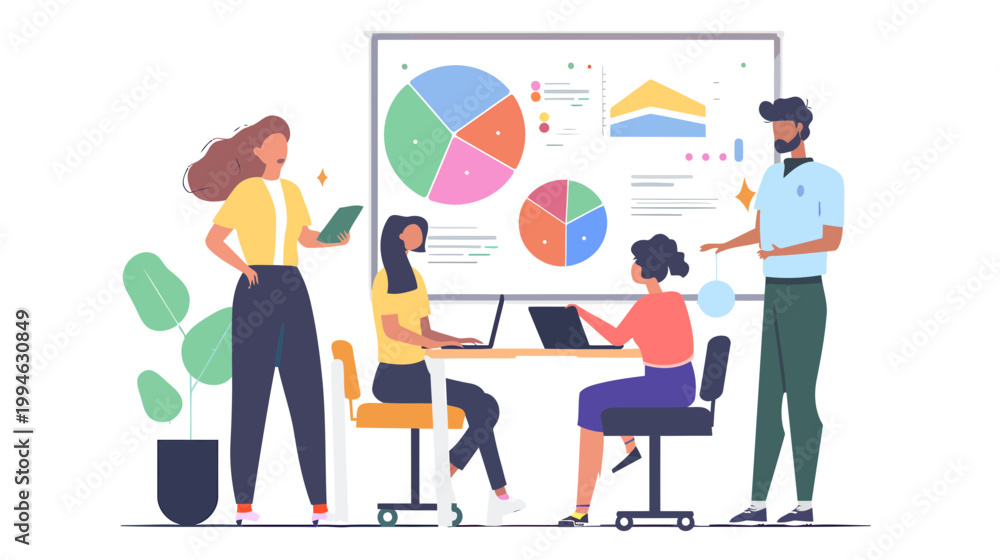 Fototapeta premium Team collaborates around a large presentation screen with charts.