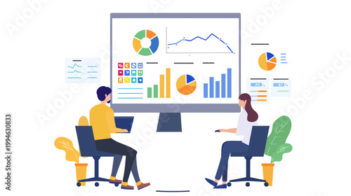 Two professionals analyze graphs and charts on a large display.