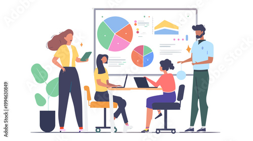 Team collaborates around a large presentation screen with charts.