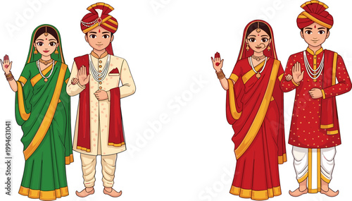 Traditional Indian Wedding Couple Illustration with Bride and Groom in Cultural Attire, Hindu Marriage Ceremony Clothing, Ethnic Fashion and Festive Celebration Design