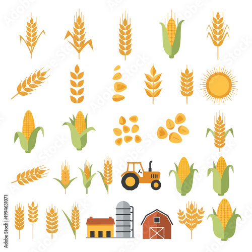 Farm Icons: Wheat, Corn, Tractor, Barn, Silo, Sun
