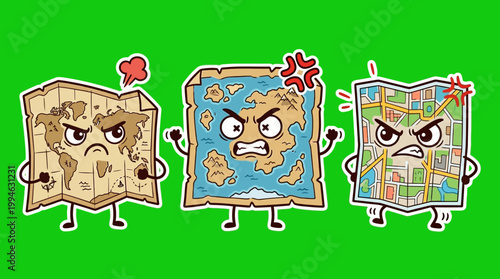 Three Angry Cartoon Maps Displaying Frustration and Displeasure.