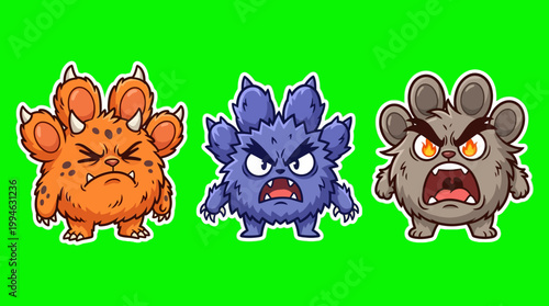 Three Angry Cartoon Monsters with Different Colors and Expressions.