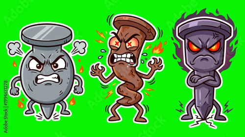Three Angry Cartoon Nails on a Green Background Displaying Frustration and Rage.