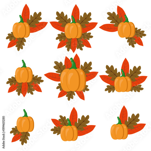 Vector flat illustration set of autumn pumpkins decorated with colorful fallen leaves