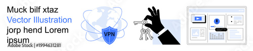 Cybersecurity, online privacy, data encryption, secure access, identity protection, internet safety. Keys and VPN shield with a globe. Cybersecurity and online privacy concept