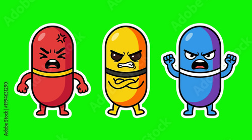 Three Angry Cartoon Pill Characters with Different Expressions and Colors.