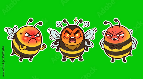 Three Angry Cartoon Bees with Furious Expressions on Green Background.