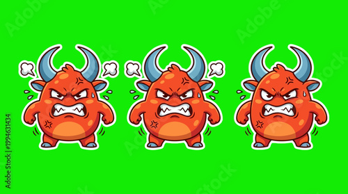 Three Angry Cartoon Bulls with Horns and Furious Expressions.