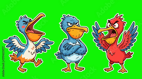 Three Angry Cartoon Birds with Open Beaks and Raised Wings.