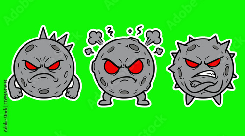 Three Angry Cartoon Characters with Red Eyes and Spikes on Green Background.