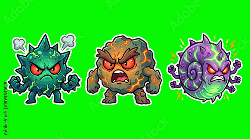 Three Angry Cartoon Characters with Spikes and Expressions on Green Background.