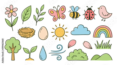 A vibrant and colorful collection of nature icons featuring flowers insects birds weather symbols and landscape elements representing growth and harmony. Element Set Element Bundle