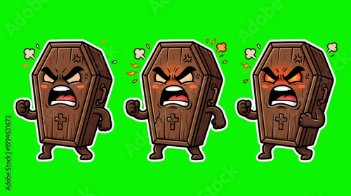 Three Angry Cartoon Coffins with Expressions and Arms on Green Background.