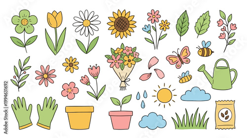 Colorful gardening tools and flowers arrangement for spring planting and growth including flowers in pots and garden accessories. Element Set Element Bundle