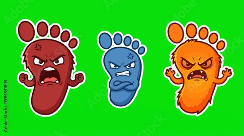 Three Angry Cartoon Footprints with Facial Expressions and Emotions.