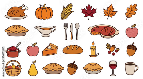 Thanksgiving dinner food and table setting icons symbols of autumn harvest and holiday meal including turkey pumpkin pie and fall leaves on a plain surface Element Set Element Bundle